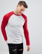 Bershka Raglan Baseball Long Sleeves T-shirt In Red - Gray