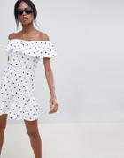 Asos Design Off Shoulder Sundress With Tiered Skirt In Polka Dot - Multi