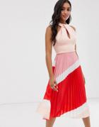 Asos Design Halter Pleated Color Block Midi Dress - Multi