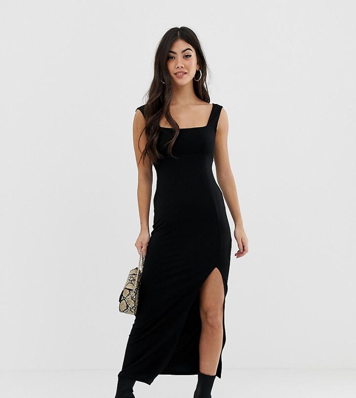 Asos Design Petite Square Neck Mixed Fabric Maxi Dress With Split - Black