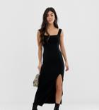 Asos Design Petite Square Neck Mixed Fabric Maxi Dress With Split - Black