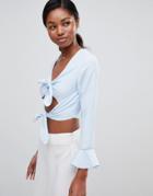 Love Double Tie Long Sleeve Crop Top - Blue
