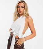 Asyou Satin Knot Front Halter Top In Cream-white