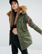 Alpha Industries Polar Parka Coat With Faux Fur Hood And Patches - Green