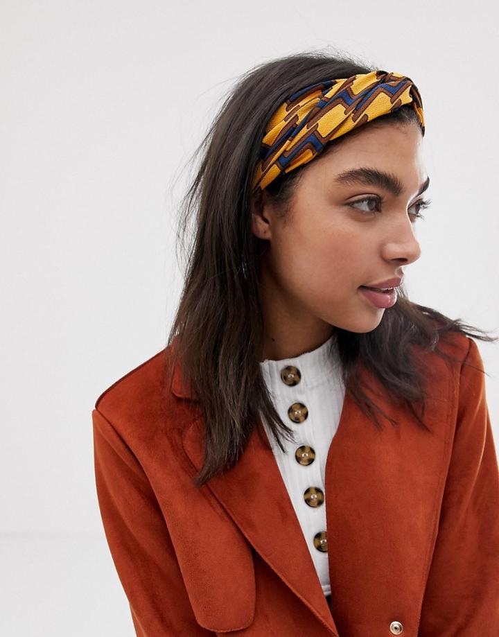 Asos Design Headband With Oversized Twist Front In Geo Monogram Print-multi