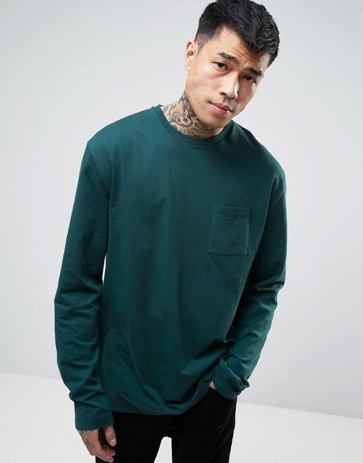 Asos Longline Long Sleeve T-shirt With Pocket In Green - Green