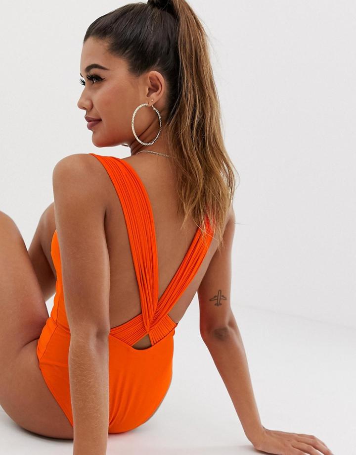 Asos Design Super Strappy Multi Lattice Back Plunge Swimsuit - Orange