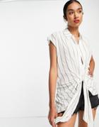 River Island Tie Front Short Sleeved Shirt In Green Stripe