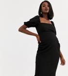 Asos Design Maternity Square Neck Puff Sleeve Midi Dress-black