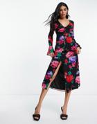 Asos Design Button Through Metallic Maxi Tea Dress With Fluted Sleeves In Bold Rose Floral-multi