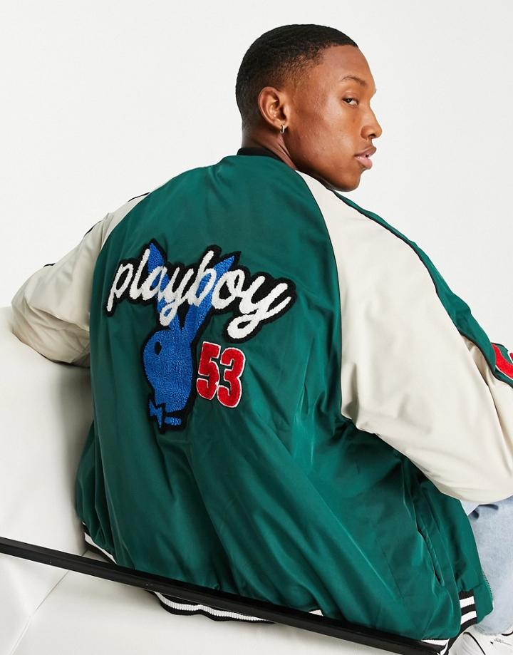 Mennace X Playboy Varsity Jacket In Green With Applique Badges