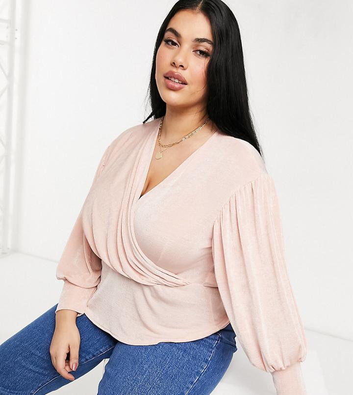 Closet London Plus Wrap Blouse Top With Volume Sleeve In Blush Pink