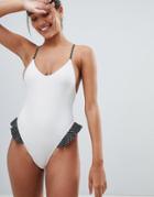 Pistol Panties Frill Side Jamie Swimsuit With Cross Over Back - White