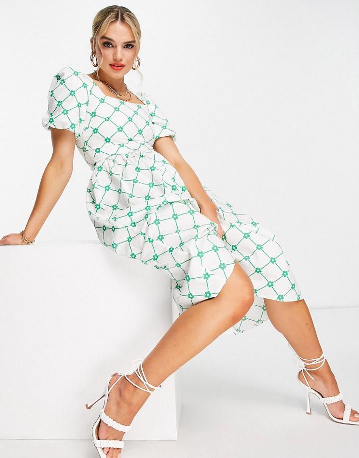 Glamorous Square Neck Midi Smock Dress In Green Plaid Floral-white