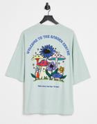 Asos Design Oversized T-shirt In Blue With Cartoon Back Print-green