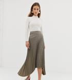 Warehouse Pleated Midi Skirt With Asymmetric Hem In Check - Beige