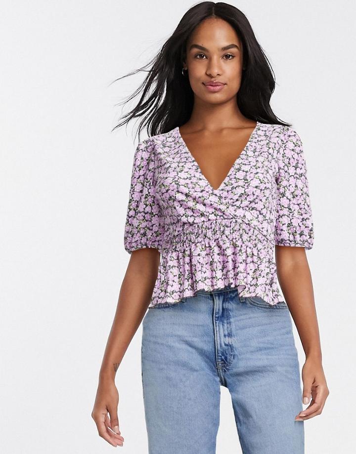 Stradivarius V-neck Top In Purple Floral Print-multi
