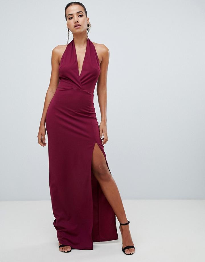 Ax Paris Ruched Halterneck Maxi Dress-purple