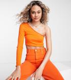 Collusion Lettuce Edge One Shoulder Long Sleeve Top In Orange-black