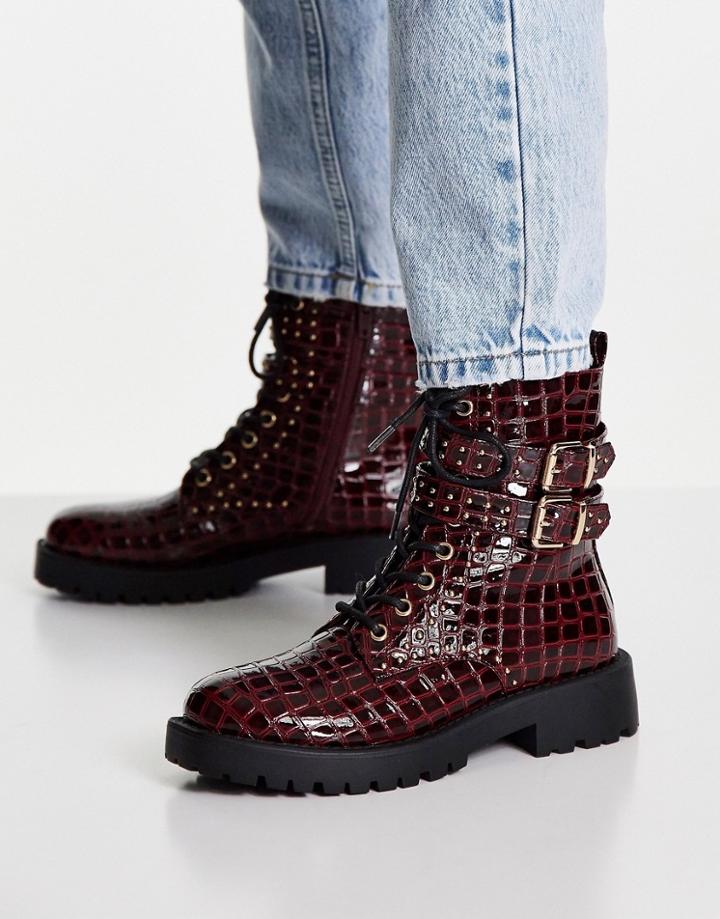 Miss Selfridge Aliyah Burgundy Patent Croc Boot-red