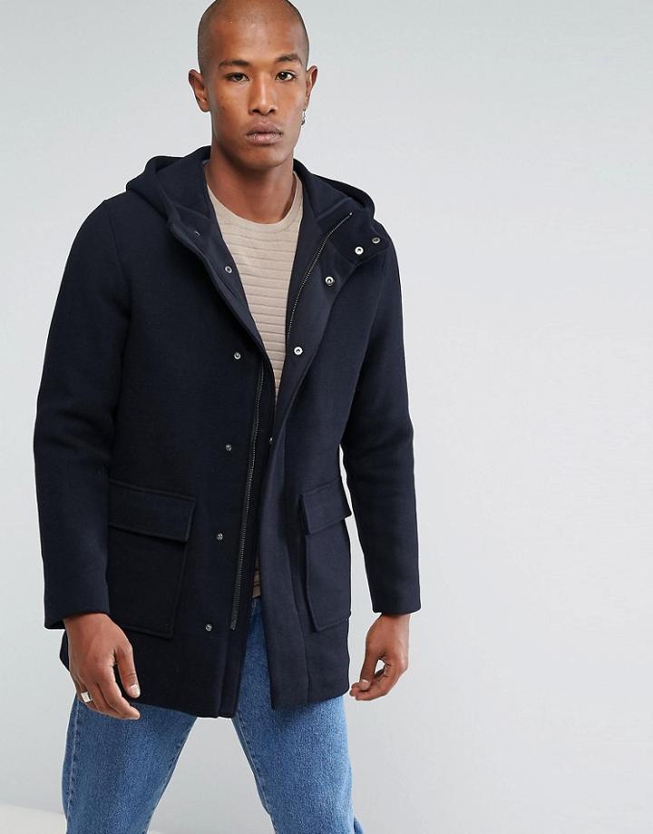 Selected Homme Wool Parka With Padded Lining - Navy