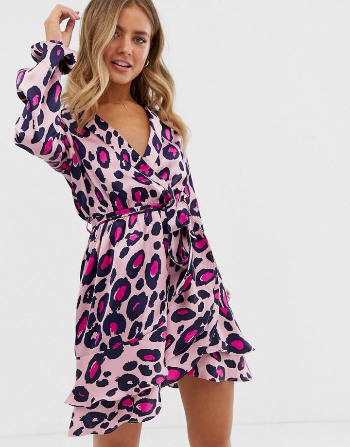 Qed London Ruffle Wrap Mini Dress In Leopard Print - Pink