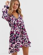 Qed London Ruffle Wrap Mini Dress In Leopard Print - Pink