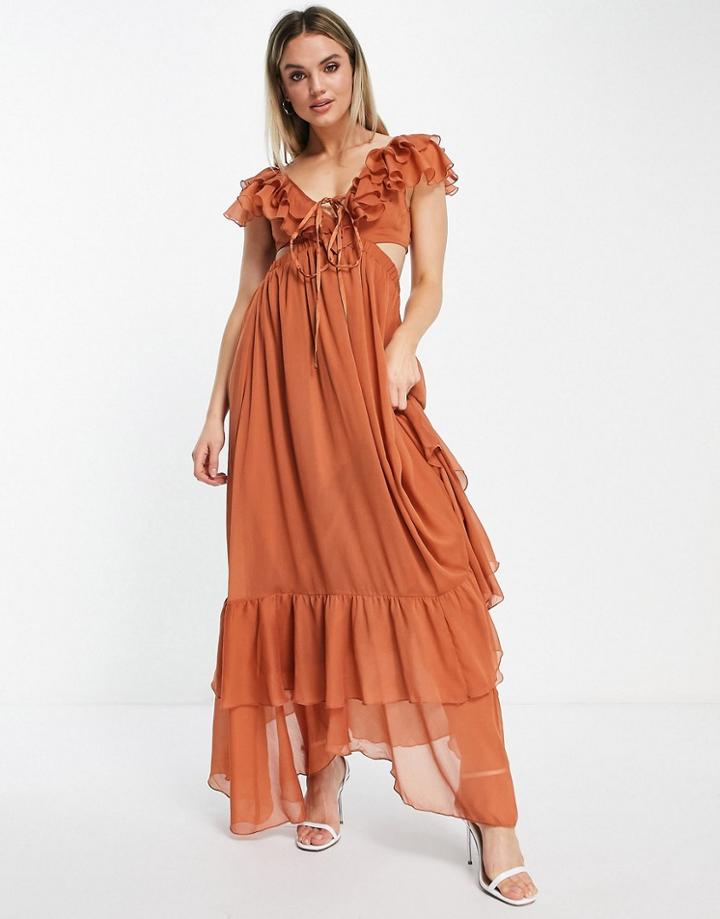 Asos Design Ruffle Maxi Dress With Lace Up Back And Satin Trims-brown