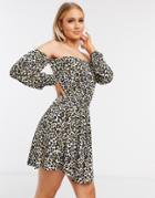 Asos Design Mini Dress With Off The Shoulder In Leopard Print-neutral