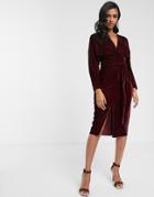 Asos Design Midi Dress With Batwing Sleeve And Wrap Waist In Velvet-red