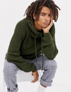 Bershka Knitted Sweater In Green With Shawl Neck - Green