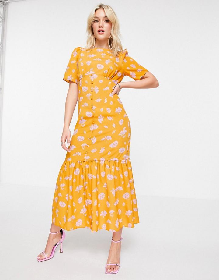 Asos Design Pephem Midi Tea Dress In Orange Floral Print-multi