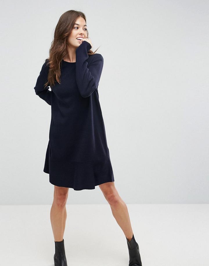 Asos Knitted Dress With Frill Hem - Navy