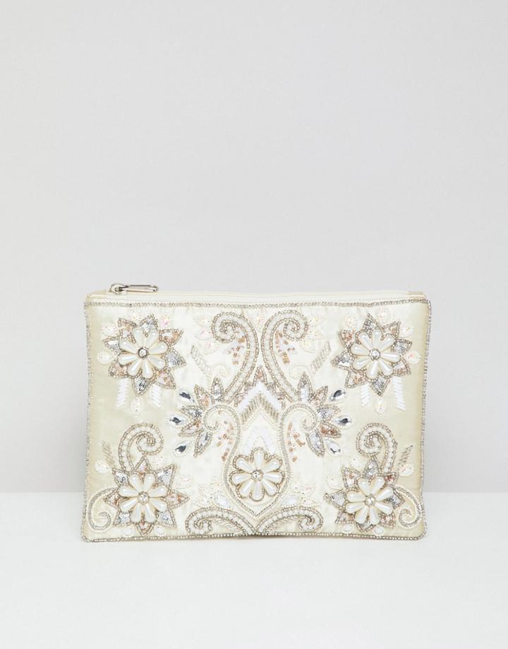 True Decadence Embellished Zip Top Clutch - Cream