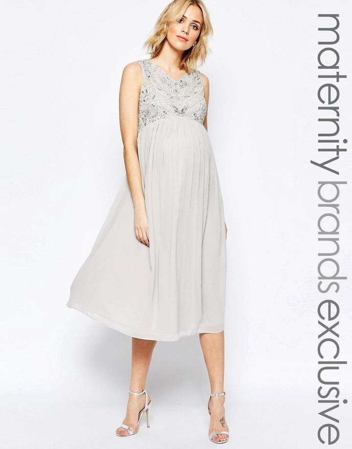 Maya Maternity Bead Embellished Bodice Midi Dress - Gray