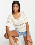 Asos Design Crochet Top With Square Neck And Tie Waist In Cream-white