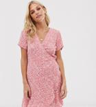 Stradivarius Floral Print Wrap Mini Dress In Pink-orange
