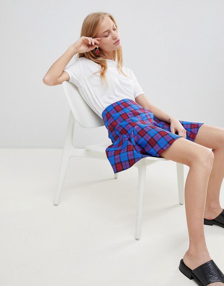 Asos Design Tailored Blue And Red Check Mini Skirt With Godet Hem - Multi