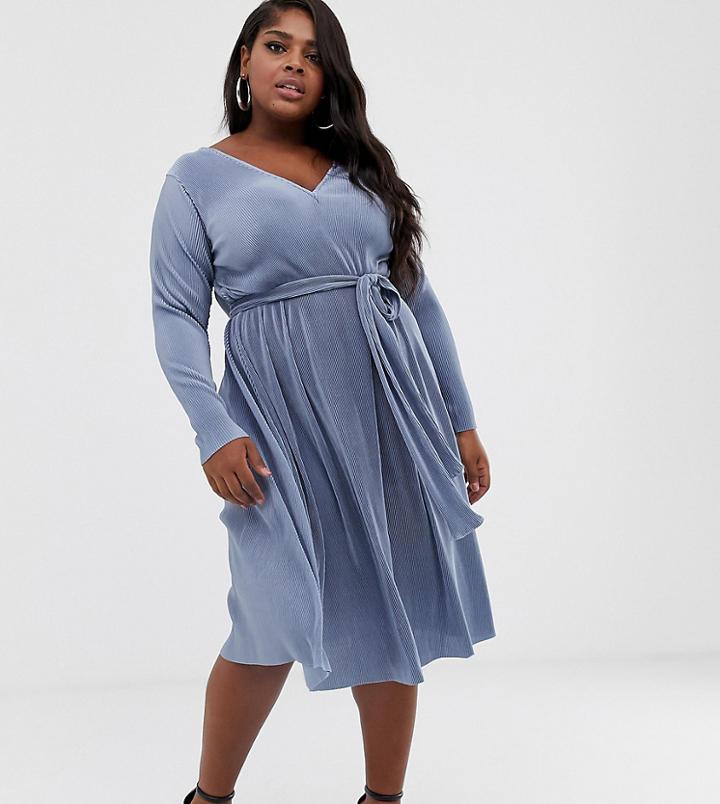 Asos Design Curve Plisse Tie Belt Midi Dress - Blue