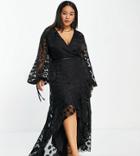 Asos Design Curve Satin Jacquard Warped Spot Wrap Maxi Dress With Tie Waist-black