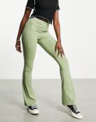 Topshop Skinny Ribbed Flared Pants In Sage-green