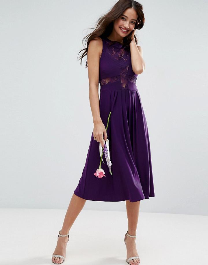 Asos Wedding Lace Jersey Pleated Midi Dress - Purple