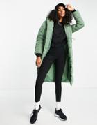 River Island Shawl Collar Longline Padded Coat In Sage-green