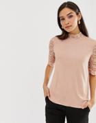 Y.a.s Lace Sleeve Ribbed Top - Pink