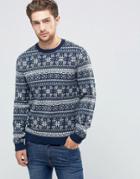 Asos Lambswool Rich Sweater With All Over Fairisle - Navy