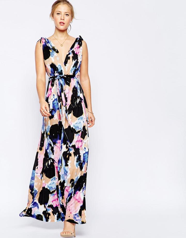 Traffic People Maxi Dress In Blurred Floral Print - Blue