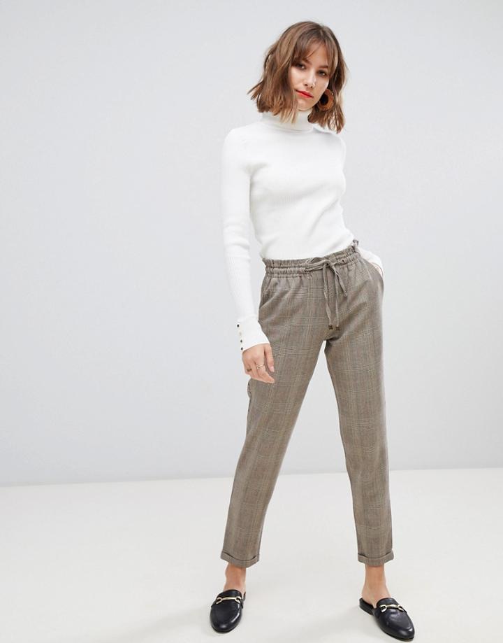 Esprit Drawstring Check Pants In Taupe - Brown