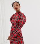 Reclaimed Vintage Inspired High Neck Mini Dress In Check With Puff Sleeve Detail - Red