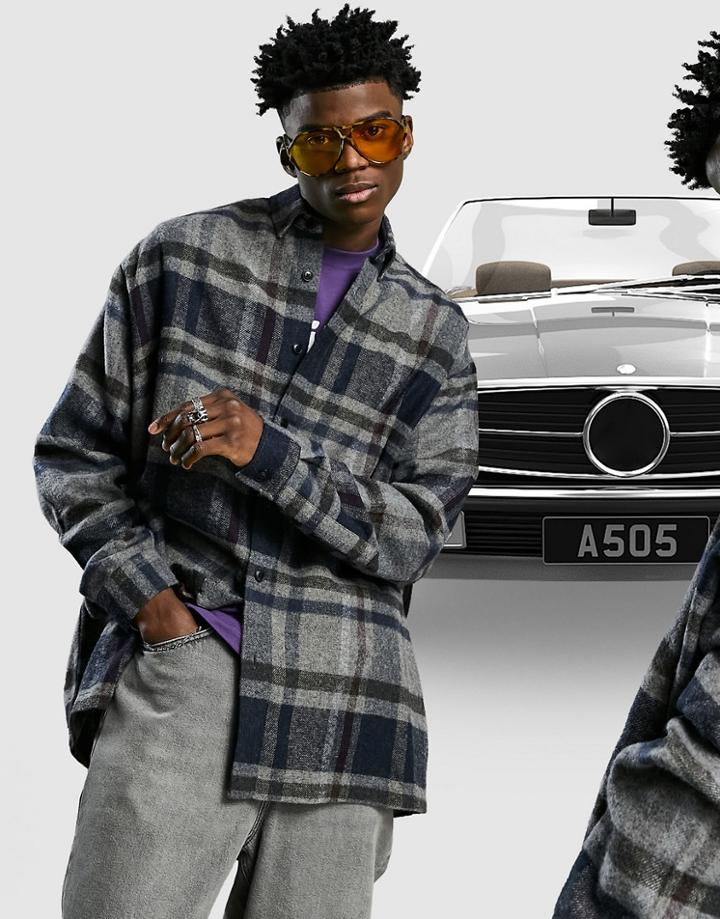 Asos Design Super Oversized Wool Mix Check Shirt In Gray And Black-grey