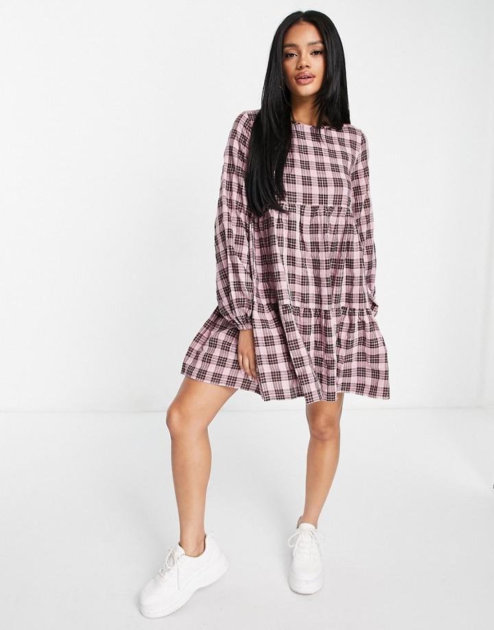 Qed London Mini Smock Dress In Pink Check-multi